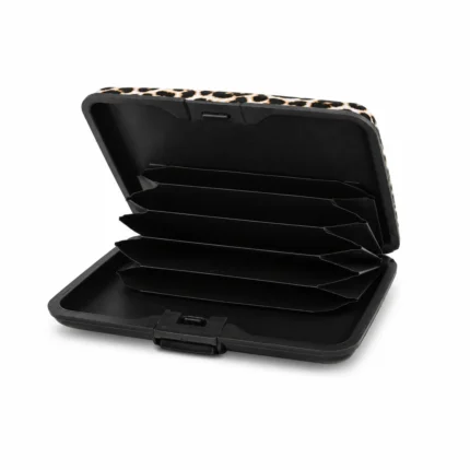 Printed plastic accordion card case OEM SKU 3137 with hard shell, clasp closure, and divided interior