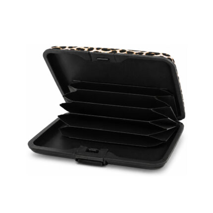 Open printed card case with black accordion dividers and a central latch — Plastic, SKU 3137