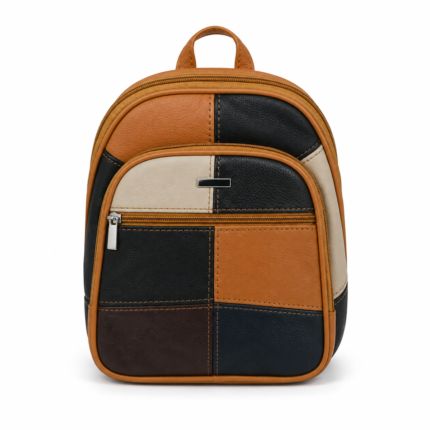 Front of patchwork backpack with horizontal zip and broad colour blocks — Cowhide leather, SKU 3283