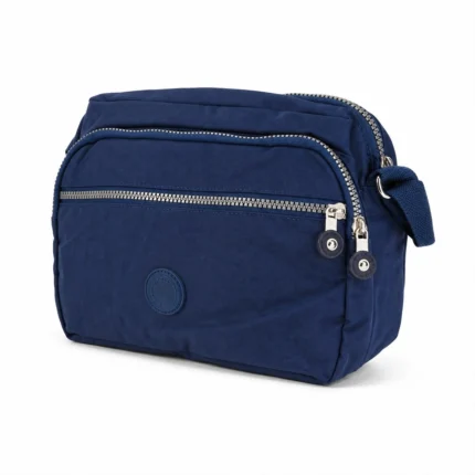 Blue polyester shoulder pouch OEM SKU 3352 with boxy body, front zipper pocket, circular patch area, and adjustable strap
