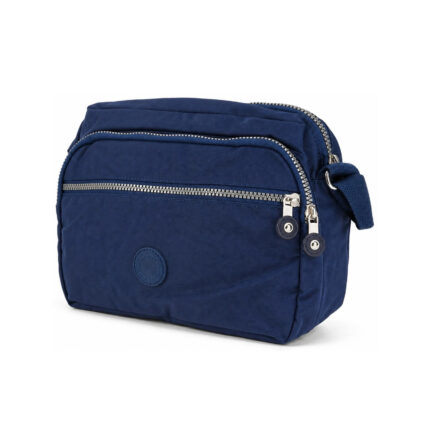 Blue shoulder bag with curved front zip, horizontal zip and circular patch — Polyester fabric, SKU 3352