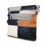 Cowhide leather patchwork colorblock crossbody OEM SKU 3383 with square body, front zipper pocket, strap hardware, and side depth