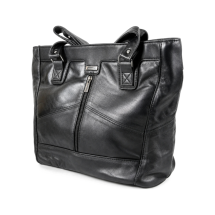 Black twin-handle tote with central vertical zip and angular seams — Sheepskin leather, SKU 3391