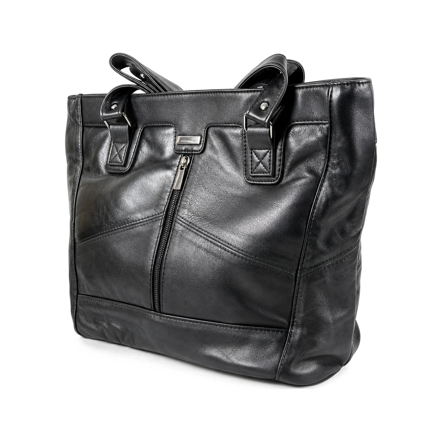 3391-main Black twin-handle tote with central vertical zip and angular seams — Sheepskin leather, SKU 3391