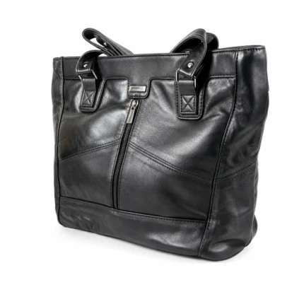 Large soft sheepskin tote OEM SKU 3391 with reinforced handle tabs, front vertical zipper pocket, rear zipper pocket, and deep side gusset