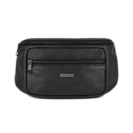Black waist bag with piped rectangular front panel and horizontal zip — Sheepskin leather, SKU 3441