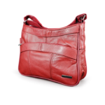 Angled red bag showing side depth and front piping — Cowhide leather, SKU 3473