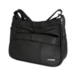 Cowhide panel shoulder bag OEM SKU 3473 with black leather body, curved front band, zipper pocket, and stitched panels