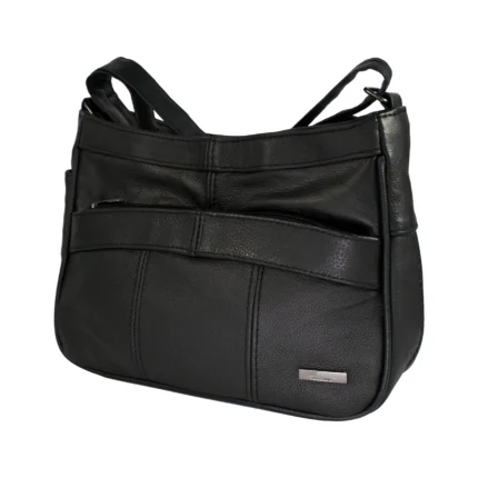 Cowhide panel shoulder bag OEM SKU 3473 with black leather body, curved front band, zipper pocket, and stitched panels