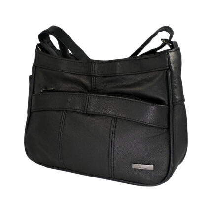 Black shoulder bag with curved front band and vertical lower seams — Cowhide leather, SKU 3473