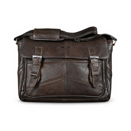 Front of the satchel with two buckle frames and folded shoulder strap pad — Cowhide leather, SKU 3573