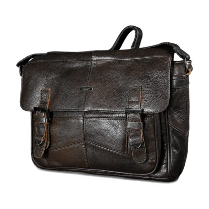 Dark cowhide satchel with broad flap, twin buckle-style tabs and top handle — Cowhide leather, SKU 3573