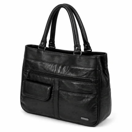Wide sheepskin leather tote OEM SKU 3591 with long carry handles, front zipper pocket, lower flap pocket, and slim side depth