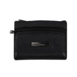 Black coin purse with top zip, front zip and rectangular plaque — Sheepskin leather, SKU 3741