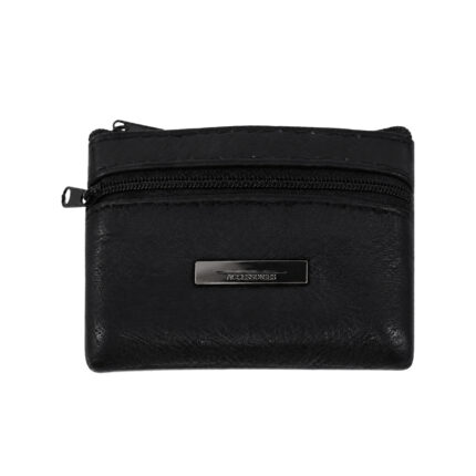 Black coin purse with top zip, front zip and rectangular plaque — Sheepskin leather, SKU 3741