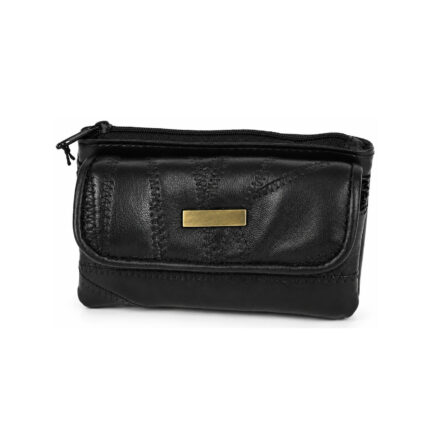 Black wallet with zigzag-stitched flap and brass-tone plate — PU leather, SKU 3764