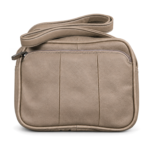 Angled taupe crossbody bag showing the side gusset and piped front panel — Cowhide leather, SKU 3801