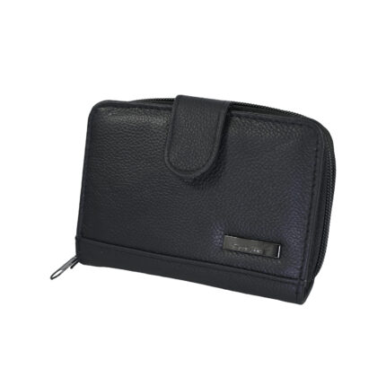 Black cowhide wallet with rounded front tab, pebbled face and narrow lower band — Cowhide leather, SKU 4073