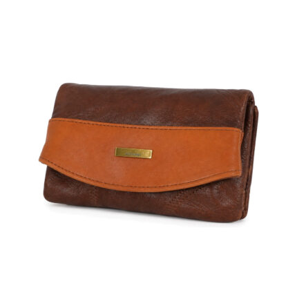 Brown wallet with lighter curved flap and gold-tone plaque — Sheepskin leather, SKU 4164