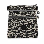 Animal-print polyester crossbody OEM SKU 4442 with flat pouch body, top zipper access, front zipper pocket, and side rings