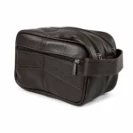 Brown cowhide leather clutch pouch OEM SKU 4573 with double top zippers, side carry handle, and contrast stitching