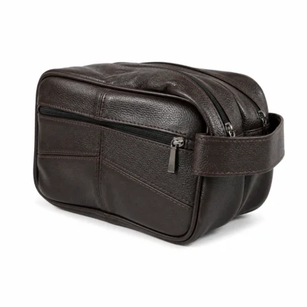 Brown cowhide leather clutch pouch OEM SKU 4573 with double top zippers, side carry handle, and contrast stitching