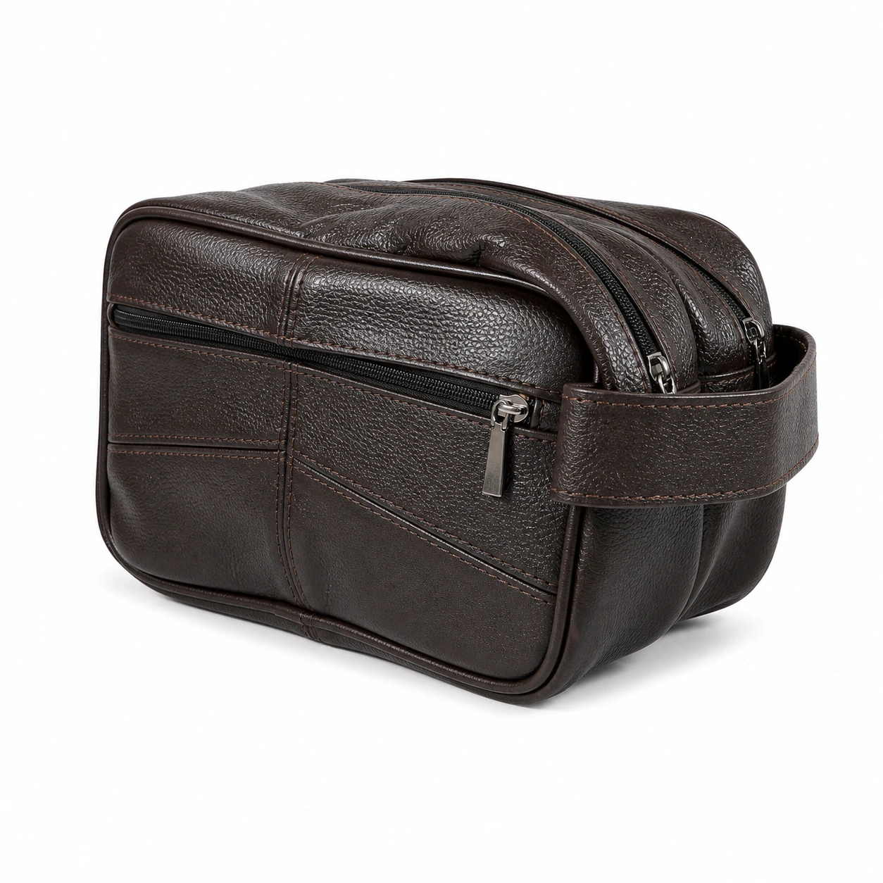 4573-clutch-bags-cowhide-24x14x12.5-main Brown cowhide leather clutch pouch OEM SKU 4573 with double top zippers, side carry handle, and contrast stitching