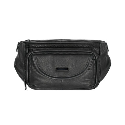 Black waist bag with curved flap within raised zip section — Cowhide leather, SKU 4691