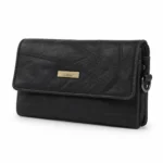 Black Patchwork Leather Wallet OEM SKU 4864 with black patchwork exterior, diagonal panel seams, and woven border detail