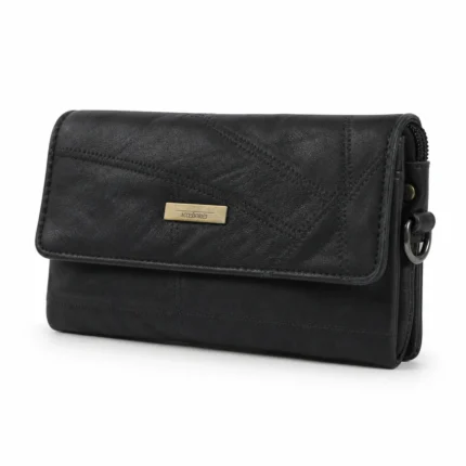 Black Patchwork Leather Wallet OEM SKU 4864 with black patchwork exterior, diagonal panel seams, and woven border detail