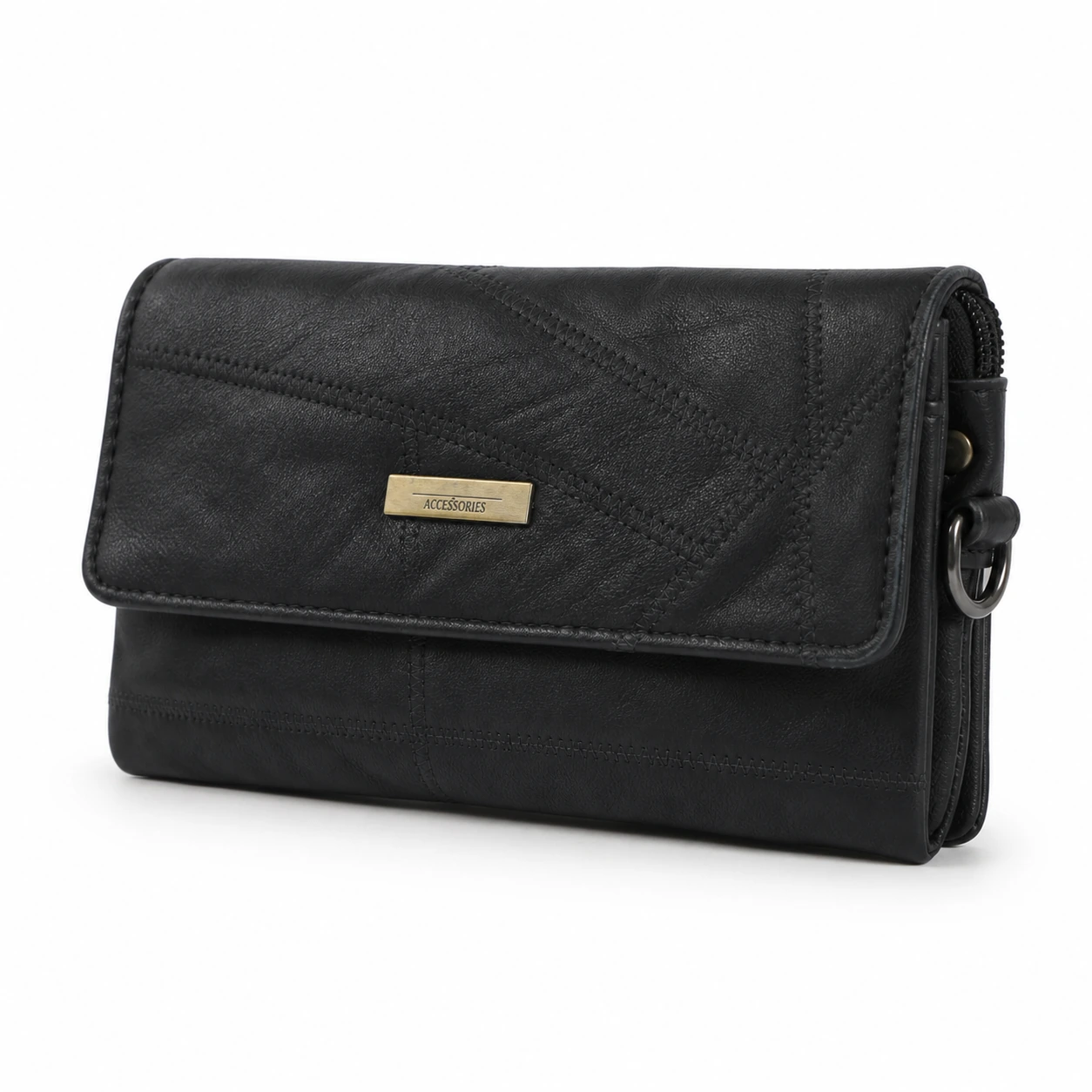 4864-wallets-patchwork-16.5x10x4-main Black Patchwork Leather Wallet OEM SKU 4864 with black patchwork exterior, diagonal panel seams, and woven border detail