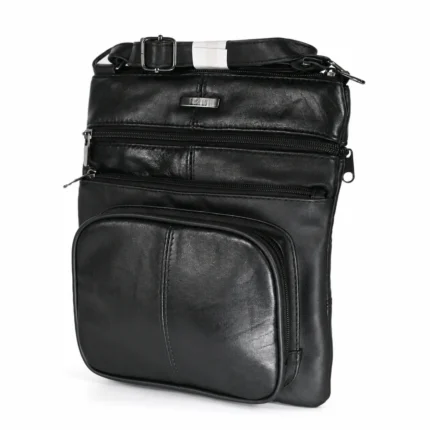 Sheepskin leather organizer crossbody OEM SKU 4891 with vertical body, multiple front zipper pockets, lower front pouch, and strap hardware