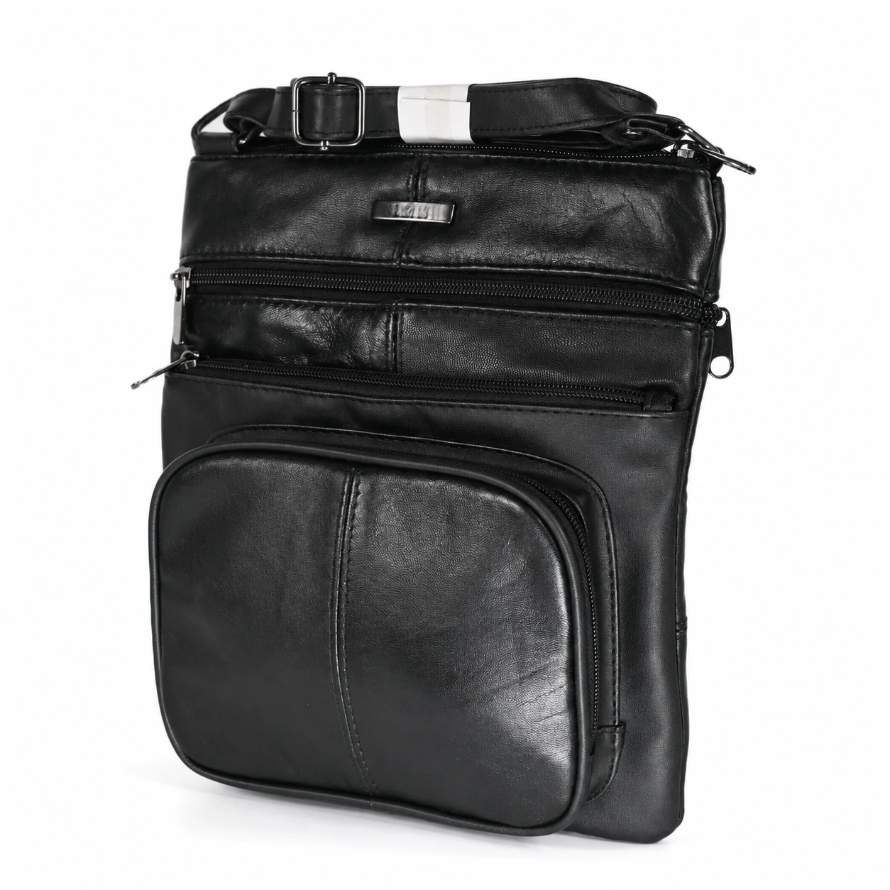 4891-crossbody-bags-sheepskin-27x22.5x4-main Sheepskin leather organizer crossbody OEM SKU 4891 with vertical body, multiple front zipper pockets, lower front pouch, and strap hardware