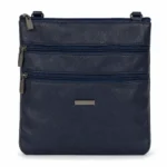 PU multi-zip crossbody bag OEM SKU 4985 with slim rectangular body, stacked front zipper sections, small logo plate, and long strap