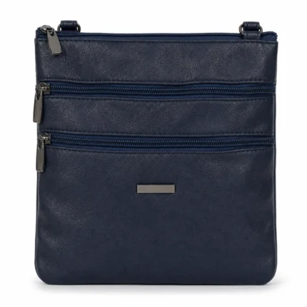 PU multi-zip crossbody bag OEM SKU 4985 with slim rectangular body, stacked front zipper sections, small logo plate, and long strap