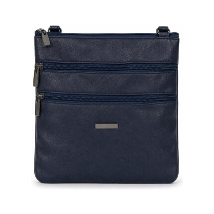 Indigo blue flat pouch with top zip and two front zips — PU leather, SKU 4985