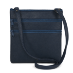Indigo pouch with long narrow strap draped across zipper face — PU leather, SKU 4985