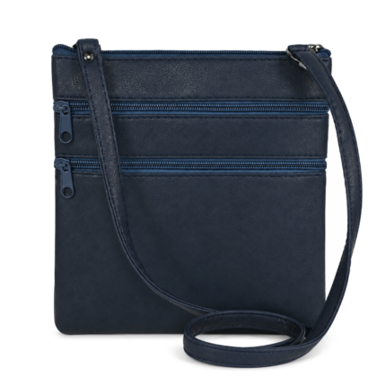 Indigo pouch with long narrow strap draped across zipper face — PU leather, SKU 4985