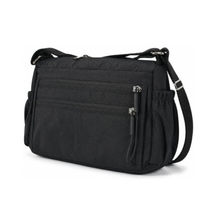 Black fabric crossbody bag with twin front zips and gathered side pockets — Polyester fabric, SKU 5032