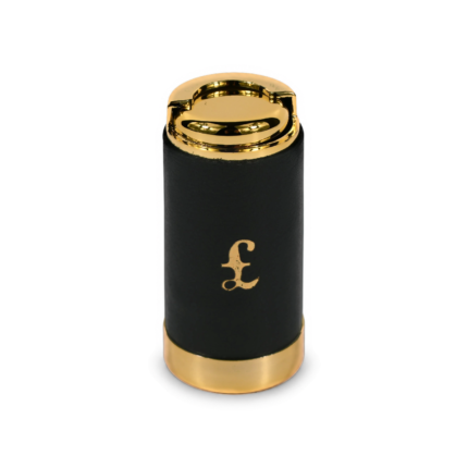 Front detail of the cylindrical holder with pound symbol and circular top fitting — PU leather, SKU 5068