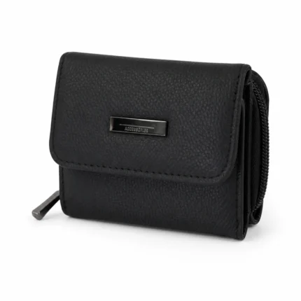 Cowhide Compact Flap Wallet OEM SKU 5073 with compact flap body, front metal plate, and visible side thickness