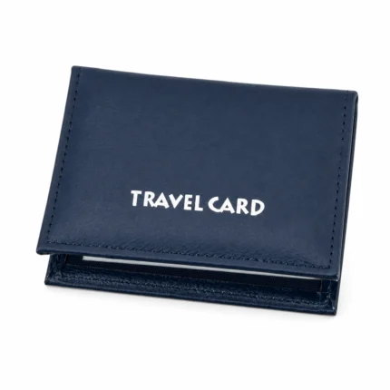 PU travel card holder OEM SKU 5100 with bifold body, multi-window interior, central slot area, and blue or black sample views