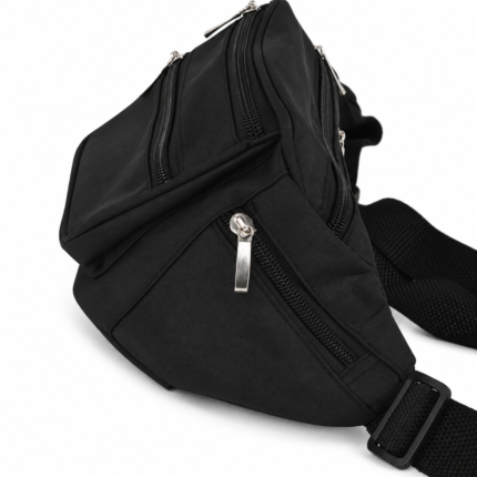 Waist bag side wing showing angled zipper and strap slider — Polyester fabric, SKU 5402