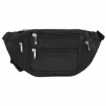 Polyester waist pack OEM SKU 5402 with framed front zipper panel, side zipper sections, rear zipper detail, and adjustable webbing belt
