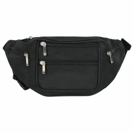 Polyester waist pack OEM SKU 5402 with framed front zipper panel, side zipper sections, rear zipper detail, and adjustable webbing belt