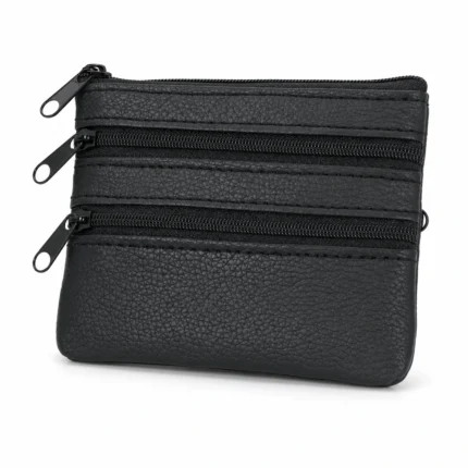 SKU 6051 black flat PU multi-zip coin pouch with horizontal zipper tracks