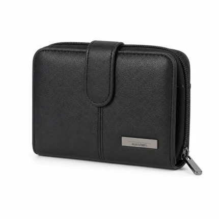 Cowhide Zip-Around Wallet Organizer OEM SKU 6073 with compact zip-around body, front snap-tab strap, and interior card window