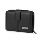 Black wallet with rounded front tab, central seam and rectangular plaque — Cowhide leather, SKU 6073
