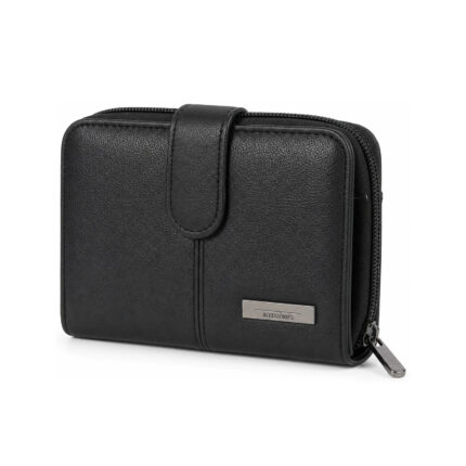 Black wallet with rounded front tab, central seam and rectangular plaque — Cowhide leather, SKU 6073