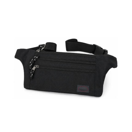 Black flat waist pouch with horizontal zips and flecked cord pulls — Polyester fabric, SKU 6152